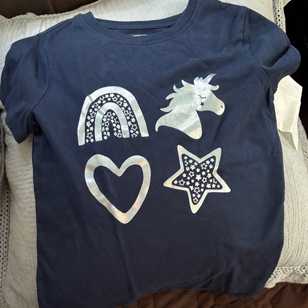 Girls' Navy Short-Sleeve Tee with Holographic Unicorn & Shapes